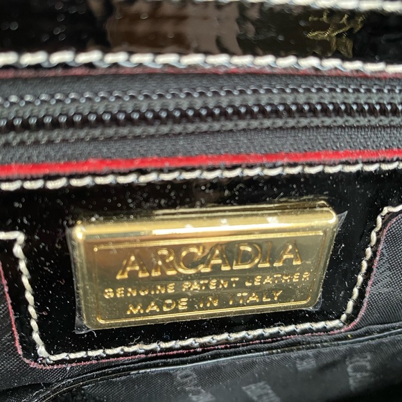 Arcadia Glossy Black and Textured Brown Satchel - Picture 8 of 12